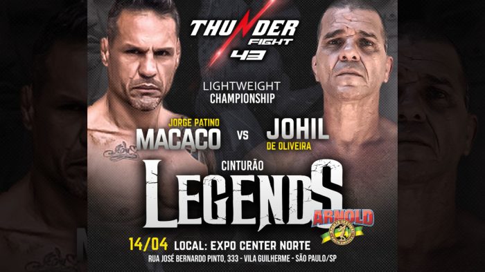 Jorge Patino Macaco e Johil de Oliveira se enfrentam na luta principal do Thunder Fight 43, em abril