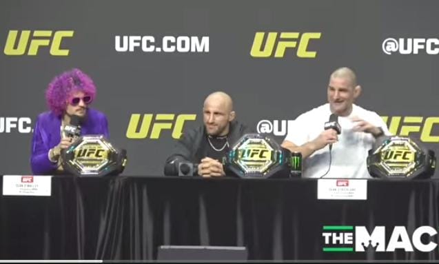 Sean Strickland e Sean O'Malley protagonizaram uma discussão acalorada durante coletiva de imprensa que reuniu os destaques do próximos cards numerados do UFC (Foto: Reprodução)