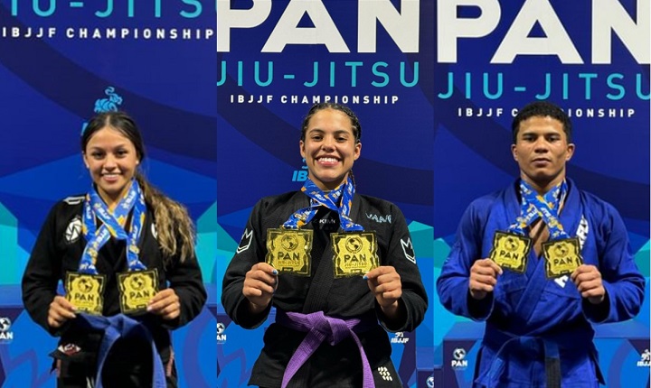 Sarah Galvão, Emily Leyva e Miguel Paixa levaram o ouro duplo no primeiro dia Pan de Jiu-Jitsu 2024 (Foto: Reprodução/IBJJF)